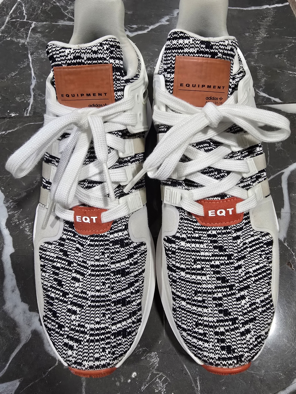 adidas EQT Men’s Black & White Knit Sneakers with Orange Accents
